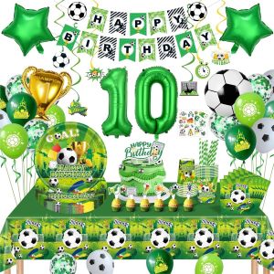 Tianyi-Decoration Anniversaire Foot 10 Ans, Decoration Anniversaire Garcon 10 Ans, Kit D'anniversaire Football, Ballons Football Assiettes En Papier, Serviettes, Nappe, Banni&egrave;res,Deco D'anniversaire - Neuf