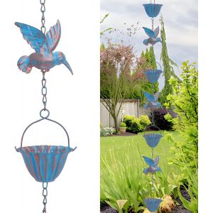 Mevronisshop-Cha&icirc;ne De Pluie De 2,4 M Avec Colibris &iquest; Cha&icirc;ne En M&eacute;tal Bleu R&eacute;tro, 7 Oiseaux Et 7 Tasses Pour Goutti&egrave;res, D&eacute;coration De Jardin Et De Maison - Neuf