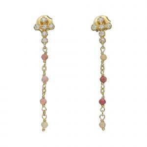 Boucles D'oreilles Argent Dor&eacute;e Croix Zirconium Blanc Pierre Rhodonite Rose - Neuf