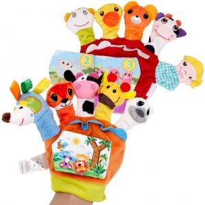 Lot de 2 marionnettes a main en forme d'animaux de dessin anime, jouets en peluche avec livre en tissu, jouets educatifs pour bebes, cadeaux pour enfants - Neuf