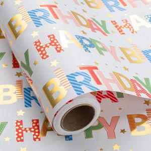 Rouleau De Papier Cadeau D'anniversaire Coloré - 43 Cm X 10 M - Feuille D'or Avec Lettrage « Happy Birthday » Pour Fête Prénatale - Neuf