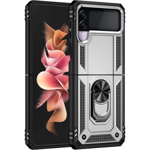 Kal-Coque Pour Samsung Galaxy Z Flip3 5g, Silicone Souple Et Pc Dur Armor Protection Résistante, Anti-Choc, Anti-Rayure, Etui Housse Avec Support Kickstand,Argent - Neuf