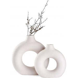 Lot de 2 vases en céramique en Donut Blanc pour décoration d'intérieur Moderne,vases Ronds Mats pour Herbe de la Pampa,Style Minimaliste Nordique Neutre (Grand+Petit) - Neuf