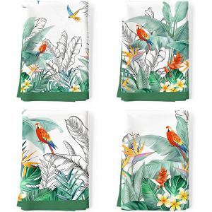 Eryi-Torchons De Cuisine Coton Vaisselle Lot De 4, Serviettes De Cuisine Torchon Vaisselle 100% Coton Avec Accroche Très Absorbant Serviettes De Bar 48 X 70cm Plantes Tropicales - Neuf