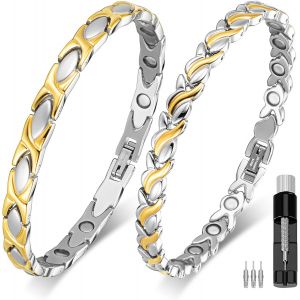 2 X Titanium Steel Magnetic Bracelets With 3500 Gauss Magnets Ultra Strong Silver And Gold Link Bracelet For Women With Adjustment Removal Tool - Neuf