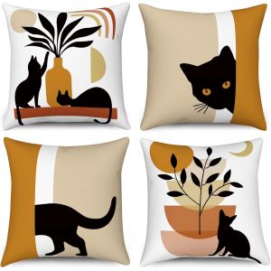 Tianyi-Housse De Coussin Boho 40x40 Set De 4, Abstrait Chat Noir Plante Soleil Lune Taie D'oreiller D&eacute;corative Art Moderne Minimaliste Housse D'oreiller En Lin Esth&eacute;tique Pour Canap&eacute; Home Decor - Neuf