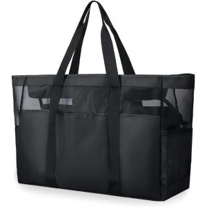 Sac de Plage en Maille Noir XXL Famille avec Fermeture &Eacute;clair,50 * 34 * 20cm Grande Sac de Plage Femme Imperm&eacute;able pour Plage,Voyage,Piscine,Gym - Neuf