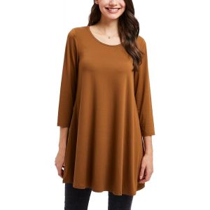 Utigh-Tunique Femme Longue Grande Taille À Manches 3/4 Chic Et Élégante Chemisier Haut Ample À Motifs Couleur Unie Col Rond T-Shirts Blouses - Neuf