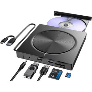 Lecteur CD/DVD externe pour ordinateur portable,lecteur DVD pour ordinateur portable,6 en 1,graveur de CD,lecteur de disque externe USB compatible avec ordinateur portable de bureau,Mac,Windows - Neuf