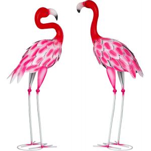 Mevronisshop-Lot De 2 Statues D'art Flamant Rose En M&eacute;tal - Sculptures De Jardin Pour L'ext&eacute;rieur, Maison, Terrasse, Pelouse, Arri&egrave;re-Cour - Neuf