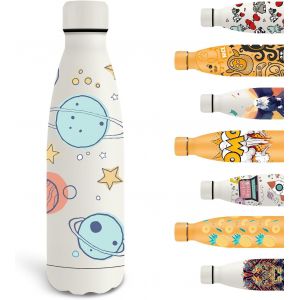 Eryi-Gourde Isotherme, 500ml Gourde Enfant, Gourde Personnalisée Avec Planète, Gourde Sport Sans Bpa, Double Paroi Isolante, Bouteille D'eau Anti Fuite, Pour L'école, Bureau, Voyage, Sports, Blanc - Neuf