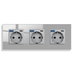 Prise en verre avec USB 20 W Charge rapide en gris encastr&eacute;, 3 prises 16 A avec USB A et type C max.3,1 A, 228 x 86 mm, 250 V - Neuf