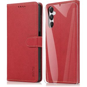 CAUC-Coque pour Samsung Galaxy A05s 4G (6.7'') + Verre Tremp&eacute;, Protection Portefeuille Case Cover de Magn&eacute;tique, Housse en Cuir Rouge - Neuf