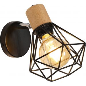 Ulteronixshop-Toolight Applique Murale Industrielle Vintage, Lampe Murale 360&deg; Rotative En Bois, Lampe Cage E27 En M&eacute;tal Et Fer Noir Pour Chambre &Agrave; Coucher Couloir Salle De S&eacute;jour Max 60w - Neuf