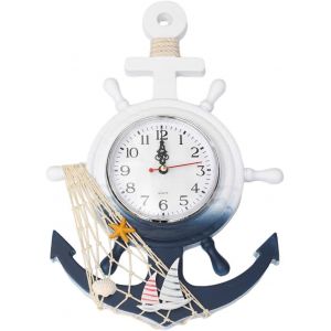 ChenQuanSarl-Horloge Montre De Plage Avec Motif Ancre M&eacute;diterran&eacute;en, Motif Nautique, Roue De Bateau, Gouvernail Volant D&eacute;coration Murale (Style Bateau &Agrave; Voile) - Neuf