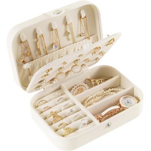 Trahoo-Boite A Bijoux, Rangement Bijoux Portable, Boite A Bijoux Fille Cuir, Coffret À Bijoux 16x11x5cm, Boite A Bijoux Voyage Pour Rangez Boucles D'oreilles, Bagues, Colliers, Bracelets (Blanc) - Neuf