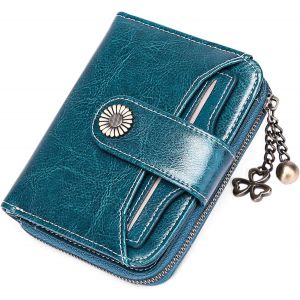 Portefeuille bleu paon pour femme, petit portefeuille compact &agrave; deux volets en cuir v&eacute;ritable avec protection RFID - Neuf