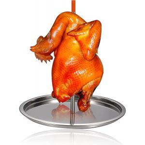 Support à poulet acier inoxydable non-adhésif pour rôtir verticalement, barbecue avec égouttoir, 22x19,5 cm, 220g, 360° rotation, facile à nettoyer - Neuf