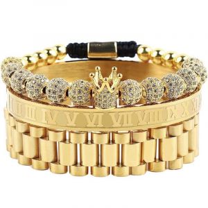 Personnalis&eacute; De Zirconium Ballon De La Couronne Tiss&eacute; Bracelet En Acier Inoxydable Caract&egrave;re Romain Bracelet Des Hommes De Titane Acier Bracelet (Or) - Neuf