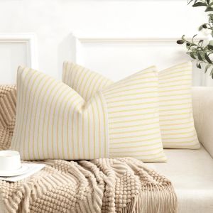 CAUC-Lot de 2 Housse Coussin 30 x 50 Housse de Coussin Coton Lin Coussin canape Rayures Coussin d&eacute;co boh&egrave;me Coussin canape d&eacute;co pour canap&eacute; Salon Chambre Coussins d'ext&eacute;rieur 30 x 50 Jaune - Neuf