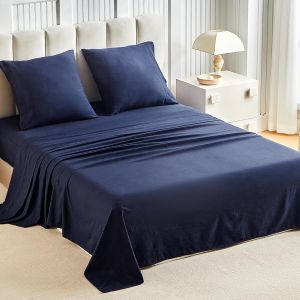 Ulteronixshop-Parure de Lit 180x200, Draps de Lit 2 Personnes, Ensemble de Draps 4 Pi&egrave;ces, Coton Lav&eacute;, Texture Lin,1 Drap Housse 180x200, 1 Drap Plat 240x260 et 2 Taies d'oreillers 65x65, Bleu - Neuf