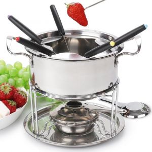 SUBZONAL-Service &agrave; Fondue en Acier INOX Fondue bourguignonne a 6 fourchettes Set &agrave; Fondue de Fromage pour Fromage, Le Chocolat, la Viande, Les Fruits (Argent o2) - Neuf