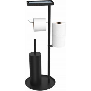 Porte Papier Toilette avec Brosse WC-Porte Rouleau Papier Toilette Debout en Acier Inoxydable avec Boîte à Lingettes Humides,Brosse WC et Dérouleur Papier Aucun Perçage Requis (Noir Mat) - Neuf