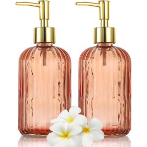 KAL-Distributeur Savon, Lot De 2 Flacons De Savon En Verre Polyvalents Anti-Goutte De 500 Ml - Distributeur De Liquide Rechargeable Pour Salle De Bain, Comptoir, Cuisine, Buanderie - Ambre - Neuf