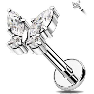 Kal-Boucles D'oreilles En Titane G23 Pour Cartilage - Filetage Interne - Papillon - Helix - Boucle D'oreille Lobe - Boucle D'oreille &Agrave; Dos Plat - 16 G - Bijou De Piercing Pour Tragus - Neuf