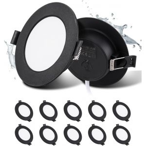 Pack Of 10 Led Recessed Spotlights, 5 W, Black, Bathroom Spotlights, Ip44, Ultra-Thin 25 Mm, Warm White 3000K, Holes Diameter 75-90 Mm, Round Led Outdoor Spotlight, Ac 220V-240V, For Kitchen - Neuf