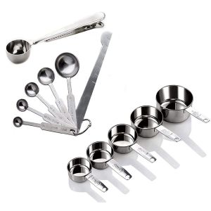 Cuill&egrave;res et tasses &agrave; mesurer en acier inoxydable avec r&egrave;gle de mesure, cuill&egrave;re &agrave; clip, tableau de conversion de cuisine, lot de 12 pour ingr&eacute;dients secs et liquides - Neuf