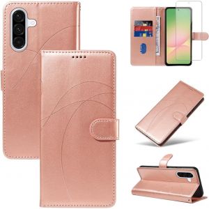 CAUC-Coque pour Samsung Galaxy A56 5G avec 1 Pi&egrave;ce Protection &Eacute;cran en Verre Tremp&eacute;, Housse PU Cuir &agrave; Rabat Flip, &Eacute;tui Support et Portefeuille Fonction (Or Rose) - Neuf