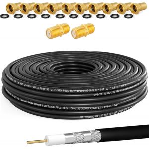 C&acirc;ble coaxial SAT HQ135 PRO de 30 m avec 2 connecteurs F + 10 fiches F plaqu&eacute;es or - C&acirc;ble d'antenne satellite quadruple blindage pour installations DVB-S/S2 DVB-C/C2 DVB-T/T2 DAB + radio - Neuf