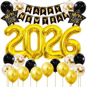 SJZG-Lot De 25 Ballons D&eacute;coratifs Pour Le Nouvel An 2026 - Taille Xxl - Noir Et Dor&eacute; - 80 Cm - Guirlande D'&Eacute;toiles - Ballons Pour F&ecirc;te Du Nouvel An - Nouvel An - D&eacute;coration De F&ecirc;te - Neuf