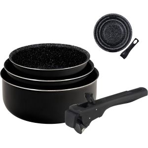 Letnerny-Lot De 3 Casseroles Antiadhésives En Aluminium Pressé (16+18+20cm) - Adaptées À L'induction - Manche Amovible - Noir - Neuf