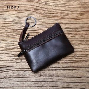 Mini porte-monnaie en cuir véritable pour hommes,portefeuille en cuir de vache avec fermeture éclair,sac à cartes Vintage,portefeuille court pour dames,étui pour clés NZPJ--Dark curry color - Neuf