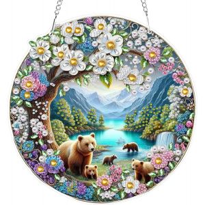 Oayew-Fleurs Diamond Painting Pendentif,Ours Diamant Painting Hanging Ornements Kits Special Shaped Diamond Painting Pendentif Diy Carillon &Eacute;olien 5d Peinture Diamant Pendentif Avec Cha&icirc;ne - Neuf
