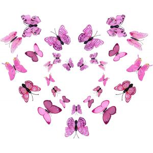 Trahoo-24 Pièces 3d Papillon Stickers Muraux Décoration Papillon Pour Fête, Chambre, La Décoration De Gâteau, Pour Filles Et Garçons (Rose) - Neuf