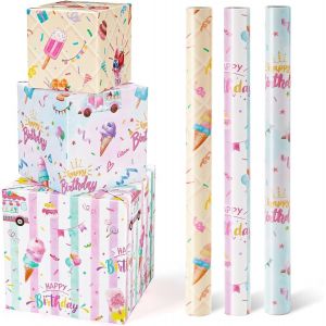 Rouleaux De Papier Cadeau Pour Glace - 3 Rouleaux Courts De Papier Cadeau D'anniversaire Rose Pour Glaces Pour Enfants Filles Papier Cadeau D'été Avec Lignes Découpées 43cm X 3m - Neuf