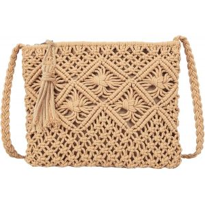 RFCBC-Kaki Sac Bandoulière Femme Sac Bandoulière Tissé Sac à Bandoulière de Plage Sac à main sac de Téléphone Portable Petit Sac Simple Sac à Bandoulière Fermeture éclair Sac de Plage - Neuf