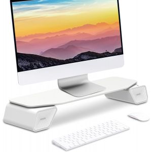 Rehausseur Ecran Pc Bureau Blanc Avec Enceintes Int&eacute;gr&eacute;es Et Lumieres Rgb, Support De Moniteur, Support Ecran Ordinateur &Eacute;l&eacute;gant (65.6 Cm X 24 Cm X 11.6 Cm) - Neuf