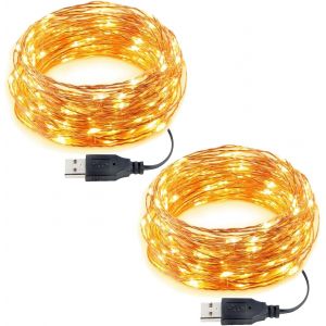 TRAHOO-Lot de 2 Guirlande Lumineuse avec USB, 2x 5m 50 LED Petite Fairy Lights en Fil de Cuivre, IP65 &Eacute;tanche Guirlande LED pour D&eacute;coration Vase Chambre No&euml;l Maison Halloween Blanc Chaud - Neuf