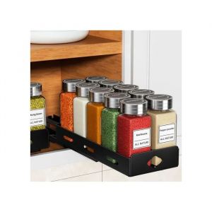 Organisateur &agrave; &eacute;pices coulissant &eacute;tag&egrave;re t&eacute;lescopique pour placard de cuisine en aluminium noir mat tiroir extensible - Neuf