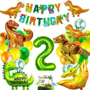 TRAHOO-Kit de Décoration d'Anniversaire Dinosaure 2 Ans pour Garçon - Ballons en Aluminium, Motif Jungle, Ballons Verts - Fête d'Enfants - Neuf