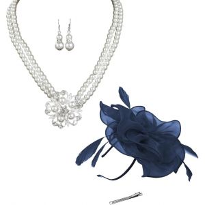 Kalvd-Bibi Fascinator Fleur Organza Barrette Cheveux Collier Perles Boucles Oreilles Parure Bijoux Accessoires Coiffure Cérémonie Mariage - Neuf