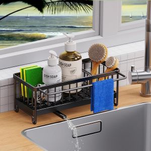 Eryi-Organiseur D'évier, Porte Eponge Evier Cuisine En Acier Inoxydable Avec Bac De Récupération Amovible, Séparateur Amovible Avec Porte-Serviettes, Rangement Et Organisation De Cuisine, Noir - Neuf