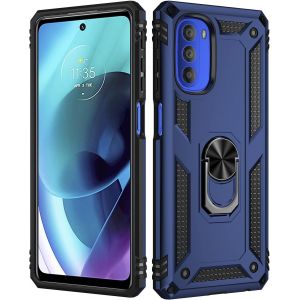 Kal-Coque Motorola Moto G51 5g, + Verre Trempé, Étui De Protection Soft Tpu + Pc, Heavy Duty, Slim Dual Layer Protective Housse Etui Coque Avec Support De Bague En Métal, Bleu - Neuf