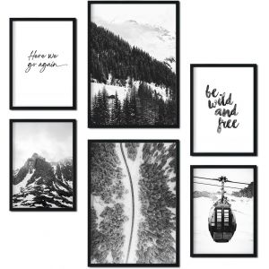 Ensemble De 6 Posters D&eacute;coratifs Noir Et Blanc - D&eacute;coration Murale Salon,Chambre,Chambre &Agrave; Coucher - Neige,Hiver,Nordique,Moderne - A4 Et A5. Non Encadr&eacute; - Neuf