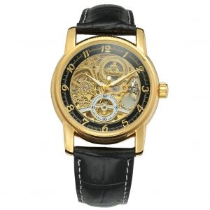 Montre-Bracelet Mecanique Automatique Forsining Pour Homme, Bracelet En Cuir Pu, Etanche (Noir Et Or) - Neuf