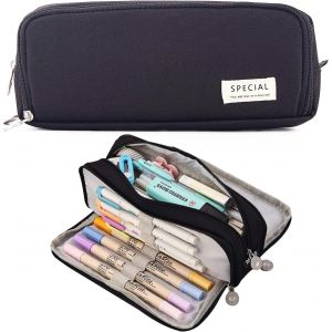 Trousse À Crayons De Grande Capacité Avec 3 Compartiments Pour Papeterie, École, Bureau, Trousse À Crayons, Trousse De Maquillage Pour Femmes, Hommes, Filles, Garçons (Noir) - Neuf